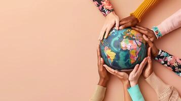 Colorful hand as unity, humanity in differs difference, concept of heal the world, banner for healing the nature and the world photo