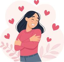 Illustration of a cheerful woman hugging herself with a warm smile, reminding of self-love and positivity. vector