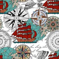 Seamless pattern with historical ship, colorful compass and text on white background. Vintage transportation and old adventures concept. No foreign language, all symbols are fictional vector