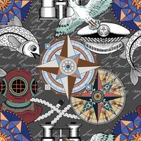 Colorful seamless pattern with fish, compass, marine objects, antique navigational devices. Vintage transportation and old adventures concept. No foreign language, all symbols are fictional vector