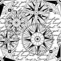 Seamless pattern with decorated compasses, marine objects, antique navigational devices. Vintage transportation and old adventures concept. No foreign language, all symbols are fictional vector