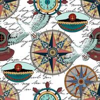 Seamless pattern with colorful compass, marine objects, antique navigational devices on white. Vintage transportation and old adventures concept. No foreign language, all symbols are fictional vector