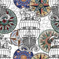Seamless pattern with ancient sailing ships, colorful compasses and text on white. Vintage transportation and old adventures concept. No foreign language, all symbols are fictional vector