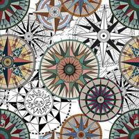 Seamless pattern with colorful compass, marine objects, antique navigational devices. Vintage transportation and old adventures concept. No foreign language, all symbols are fictional vector