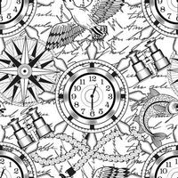 Seamless pattern with compass, binoculars, marine objects, navigational devices on white. Vintage transportation and old adventures concept. No foreign language, all symbols are fictional vector