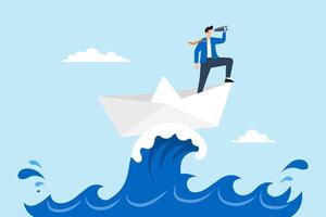 Flat illustration of businessman leader look through binocular on ship in stormy ocean symbolizing navigating challenge with vision vector
