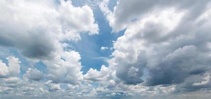 blue bright sky warm background with white clouds cumulus floating soft focus, copy space. photo