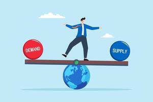 Flat illustration of businessman balancing demand and supply on globe seesaw symbolizing global economic equilibrium vector