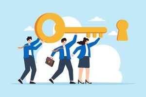 Flat illustration of business team help carry golden key and push into keyhole symbolizing teamwork unlocking success vector