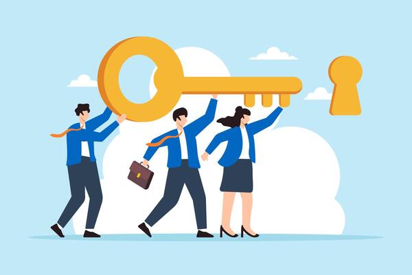 Flat illustration of business team help carry golden key and push into keyhole symbolizing teamwork unlocking success