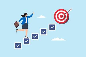 Flat illustration of smart businesswoman walk up checklist staircase to achieve bullseye target symbolizing personal development for career success vector
