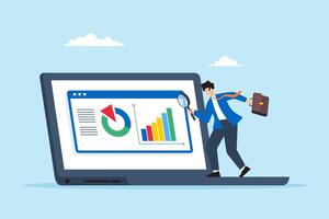 Flat illustration of businessman analyze data on laptop with magnifying glass symbolizing market research and SEO analytic vector