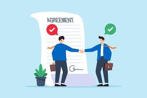 Flat illustration of businessman and partner shaking hand after signing business agreement document symbolizing successful deal vector