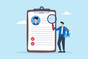 Flat illustration of HR professional examine resume with magnifier symbolizing recruitment and hiring process vector
