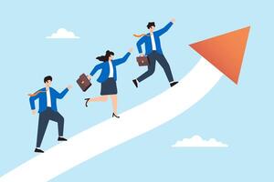 Flat illustration of business people run on upward career path arrow symbolizing growth strategy and job promotion vector