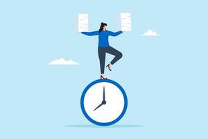 Flat illustration of productive woman balance on clock while managing task paper stack symbolizing time management and efficiency vector