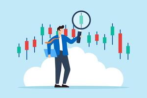 Flat illustration of businessman examine candlestick chart with magnifying glass symbolizing technical stock market analysis vector
