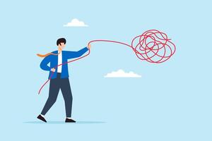 Flat illustration of businessman unravel tangle rope symbolizing solving complex and chaotic business problem vector