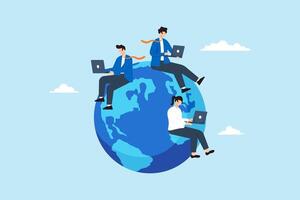 Flat illustration of business people sit around globe working on laptop symbolizing remote work and global collaboration vector