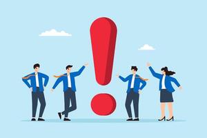 Flat illustration of business people think around giant exclamation mark symbolizing critical problem requiring attention vector