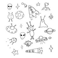 Hand-drawn space-themed doodle set. Aliens, spaceships, flying saucers. vector