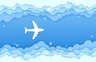 Top view of paper cut plane in sky clouds frame vector