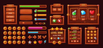 Wooden game interface buttons, bars or menu panels vector
