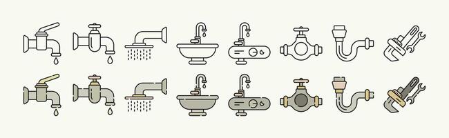 Plumbing and Sanitary Equipments and Tools Icon Set with Outline and Lineal variations vector