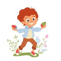 Happy boy jumping for joy with easter eggs in his hands. Joyful Easter egg hunt. Ideal illustration for children's character design. Perfect for typography, greeting cards, flyers, invitations vector