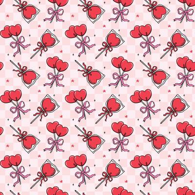 Retro Valentine Seamless Pattern Heart Lollipops with Bow with check pattern isolated on Background