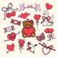 Retro Valentine Nostalgic Element Illustration set in Wavy Hand Drawn Vibrant and Bold Style vector