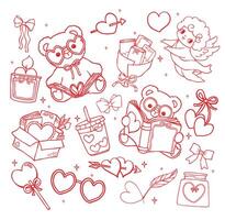 Retro Valentine Bookish Teddy Read Book with Wavy Squiggle Outline in Hand Drawn Style vector