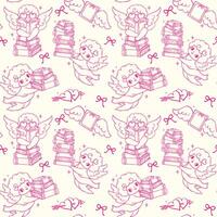 Retro Valentine Bookish Cupid Seamless Pattern Wavy Squiggle Outline Hand Drawn Isolated on Background. vector