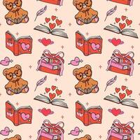 Retro Valentine Bookish Seamless Pattern Teddy Reading isolated on Background vector