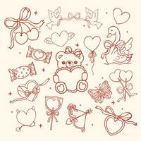 Retro Valentine Nostalgic Element Outline Illustration set Wavy Hand Drawn Vibrant and Bold Style vector