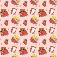 Retro Valentine Bookish Seamless Pattern Cupid Reading isolated on Background vector