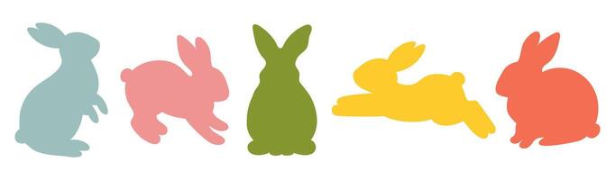 Silhouettes of colorful rabbits in different poses. A set of minimalist bunny shapes in pastel shades. Easter-themed illustration for decoration and design. Traditional holiday symbol vector