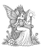 A coloring page Fairy Queen on Flower Throne with Glowing Scepter vector