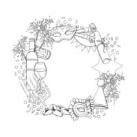 Happy Purim symbols round frame template with copy space black and white illustration in line style. Jewish holiday menorah, Torah megillah with mask, raashan, sparkler and cookies for coloring vector