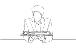 Continuous one line drawing of young man holding open book with money coins inside, learning financial literacy concept, single line art vector