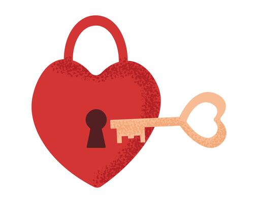 Stylized red heart lock with key, grunge texture. Element for Valentine's day concept. Love icon. Symbol of love and securit