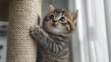 Playful kitten reaching up in sunlight near a window photo