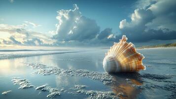 Waves gently wash over colorful seashells on a sunlit beach in a coastal paradise photo