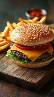 Delicious sesame bun burger served with crispy french fries and tangy dipping sauce on a wooden board photo