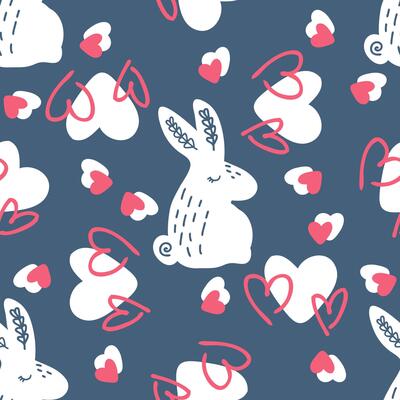 Romantic seamless pattern with hearts and sleepy bunnies. Valentine print for fabric, paper, textile. Doodle illustration