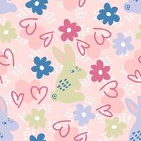 Hand drawn seamless pattern with bunnies and daisy on spotted background. Romantic print for fabric, paper, textile. Doodle illustration. vector