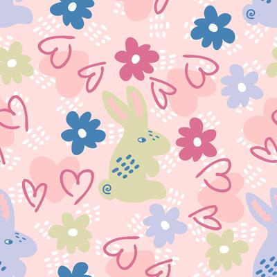 Hand drawn seamless pattern with bunnies and daisy on spotted background. Romantic print for fabric, paper, textile. Doodle illustration.