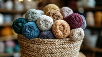 A basket filled with yarns on a wooden table photo