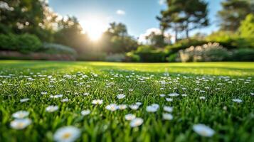 A field of grass with white flowers photo