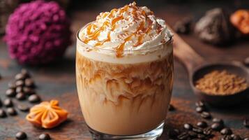 An iced coffee with whipped cream and caramel photo